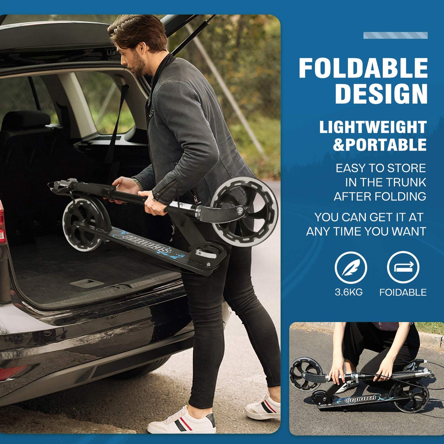 Kick Scooter for Adults, Foldable Adult Scooter Adjustable Handlebar Push Scooter with Kickstand, Dual Brake System 200mm Wheels ABEC-7 Bearings for Boys Girls Adults Teens Ages 8 9 10 11 12+ Gift