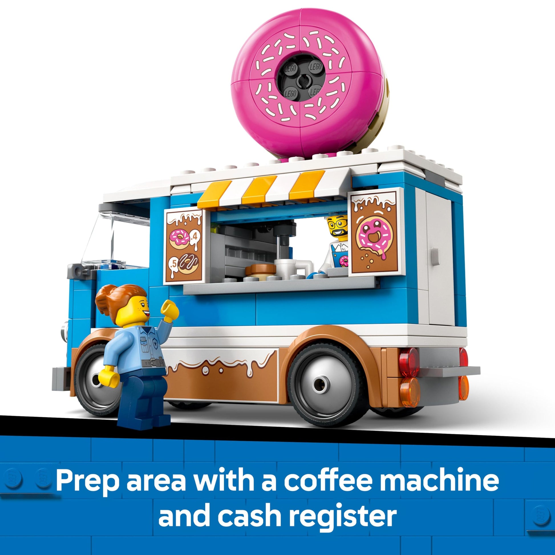 LEGO City donut truck toy with two minifigures and accessories, ideal for creative play and mobile food stand fun.