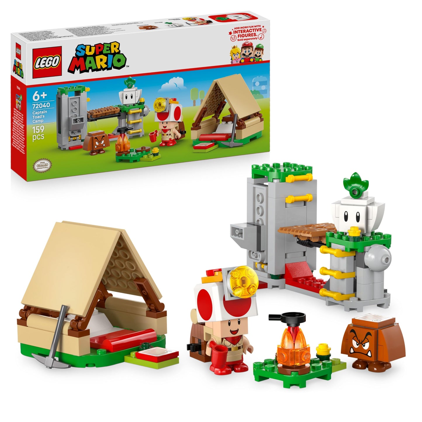 LEGO Super Mario Captain Toad's Camp interactive toy with 3 figures, tent, and collapsing bridge for kids aged 6+