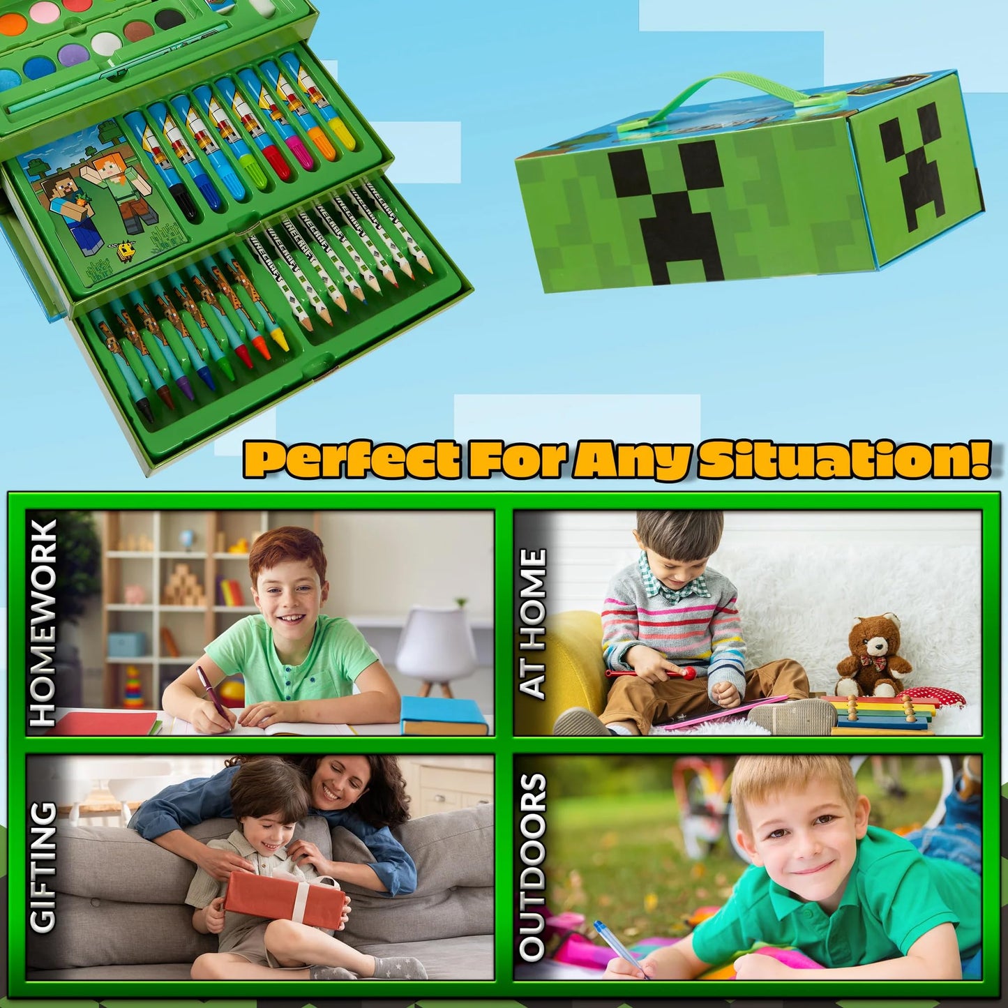 Minecraft Art Supplies Set with Colouring Pencils Felt Tip Pens Watercolour Paints Wax Crayons for Drawing Painting Set Creeper Travel Art Set Gamer Gifts