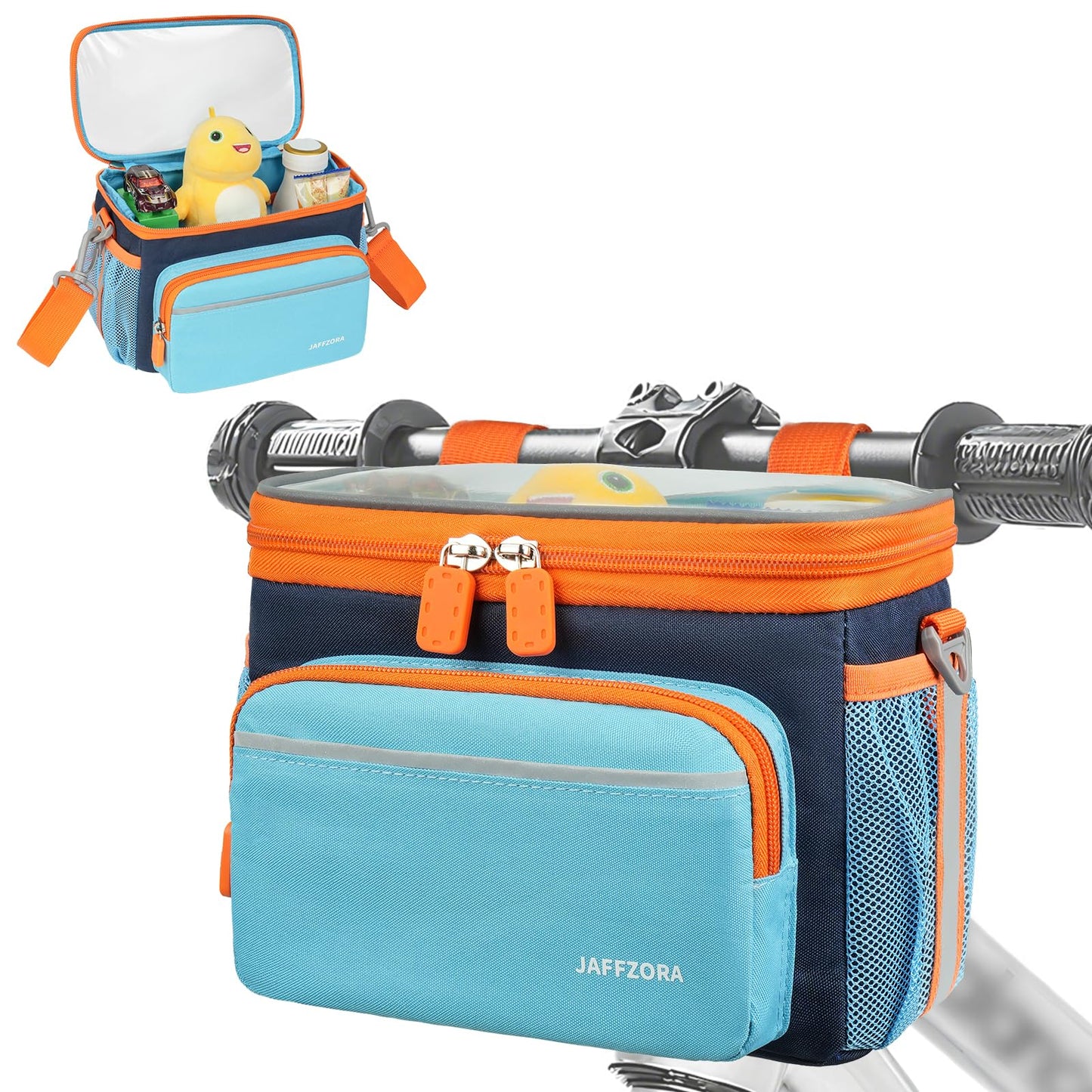 Jaffzora Kids Bike Basket, Front Frame Handlebar Bag for Toddler Scooter Tricycle Bicycle, Cute Small Fabric Bicycle Basket for Boys & Girls, Blue