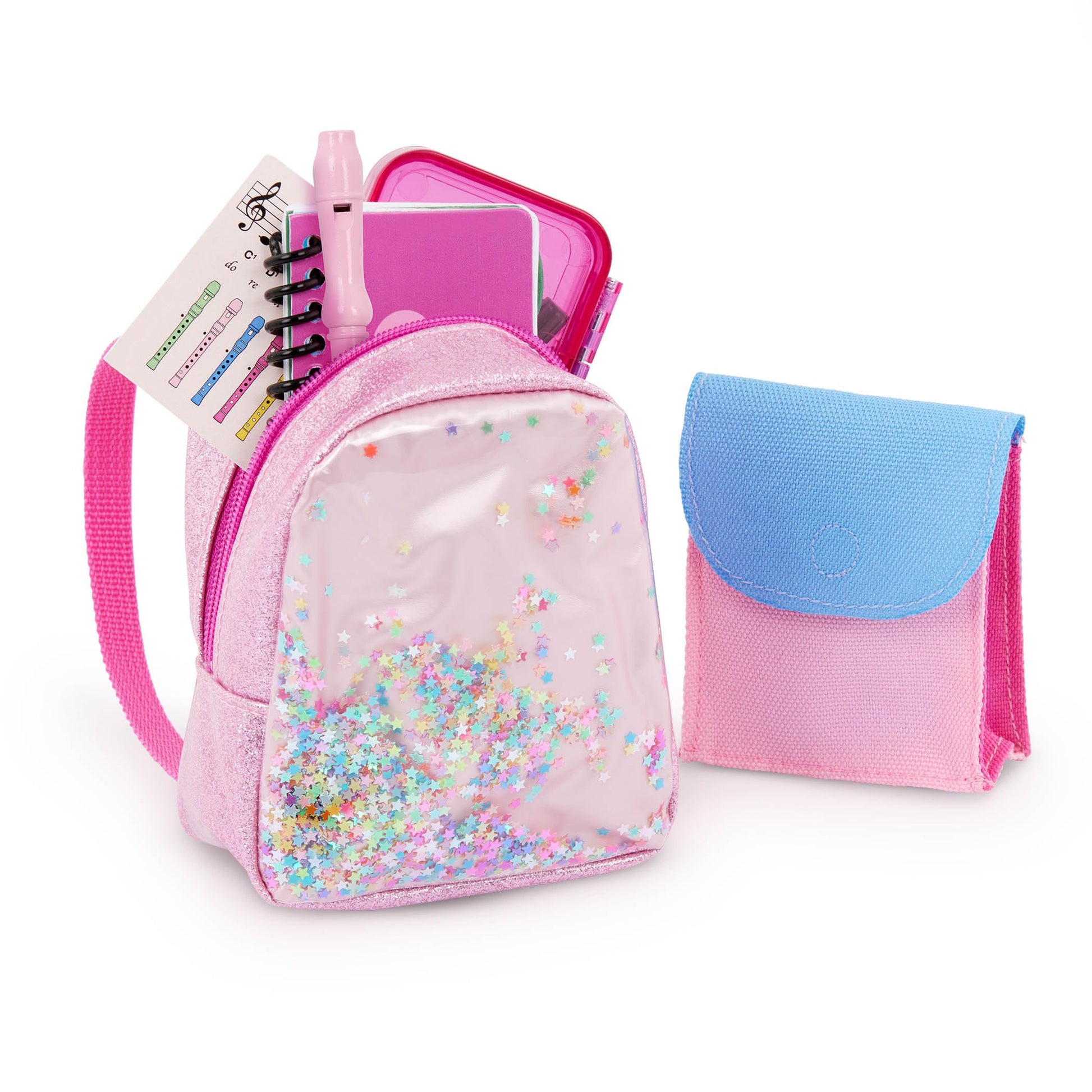 Our Generation 16-piece backpack and school supplies set for 18-inch dolls, featuring various colorful accessories.