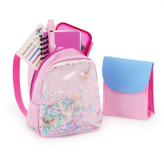 Our Generation 16-piece backpack and school supplies set for 18-inch dolls, featuring various colorful accessories.