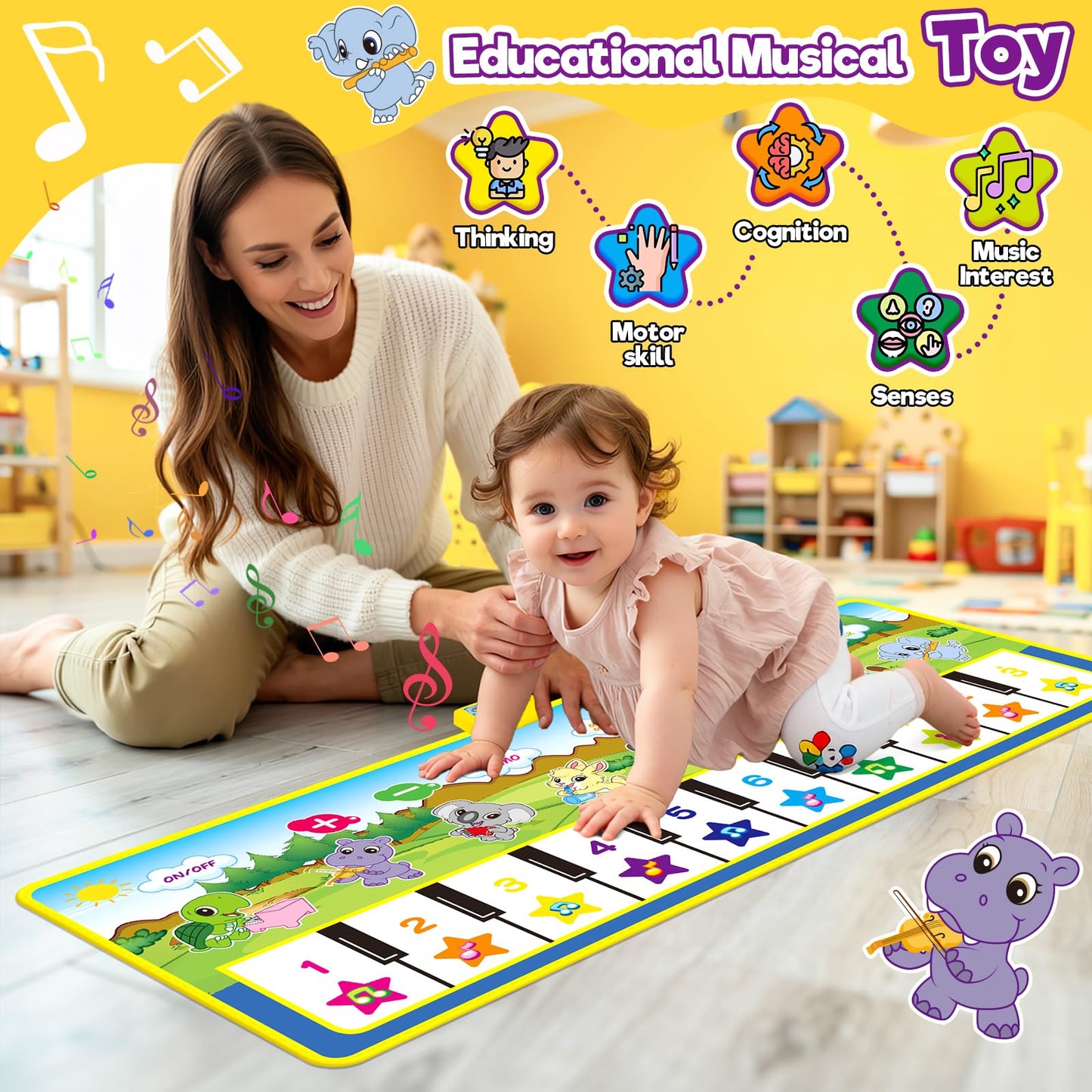 Foldable musical piano mat by m zimoon, featuring a 10-key keyboard and colorful design for toddlers' play and learning.