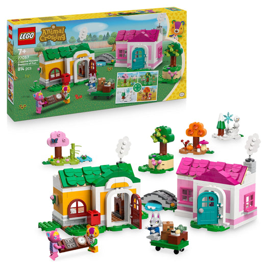 LEGO Animal Crossing Creative Houses set featuring 2 house models and Stitches, Fuchsia & Fang minifigures.