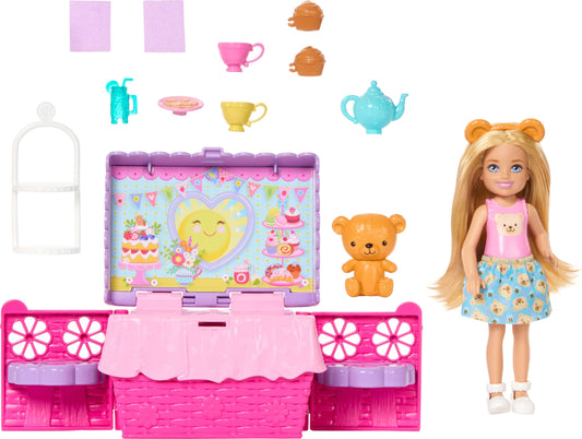 Barbie Chelsea Pop-Up Tea Party Playset with blonde doll, picnic basket, and various accessories for imaginative play.