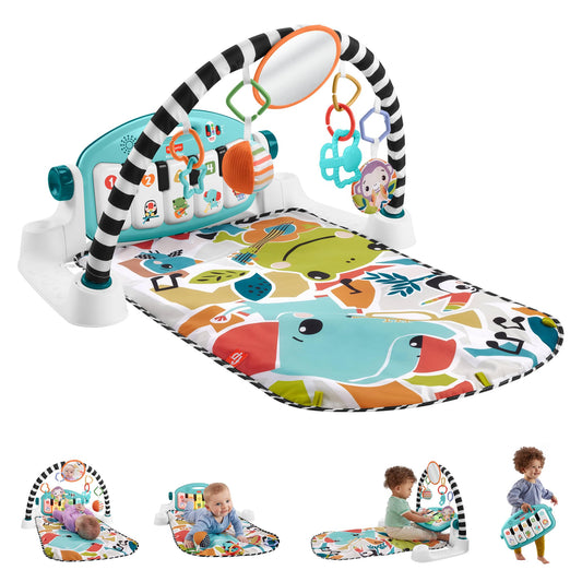 Fisher-Price Baby Activity Mat Glow and Grow Kick & Play Piano Gym with colorful toys and musical piano for infants on blue mat