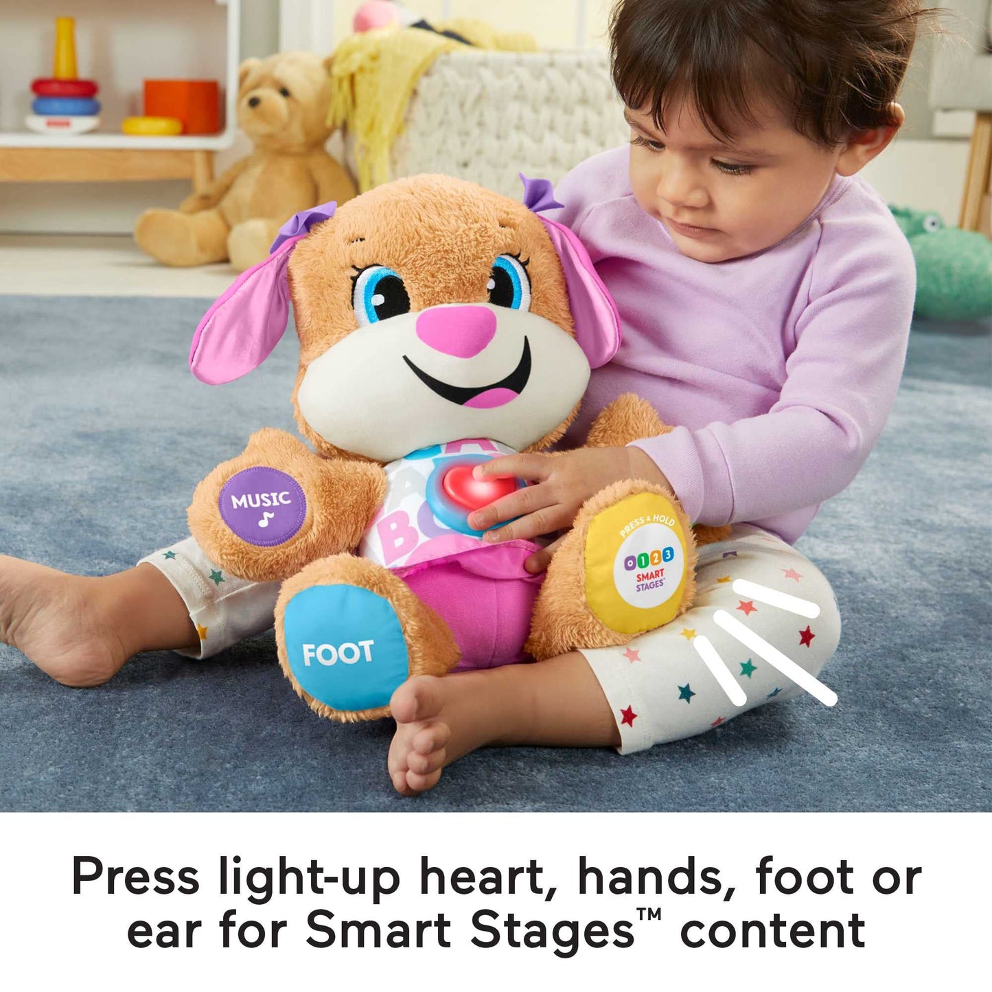 Fisher-Price Laugh & Learn Smart Stages Sis interactive baby toy with music, lights, and educational features for 6-36 months.