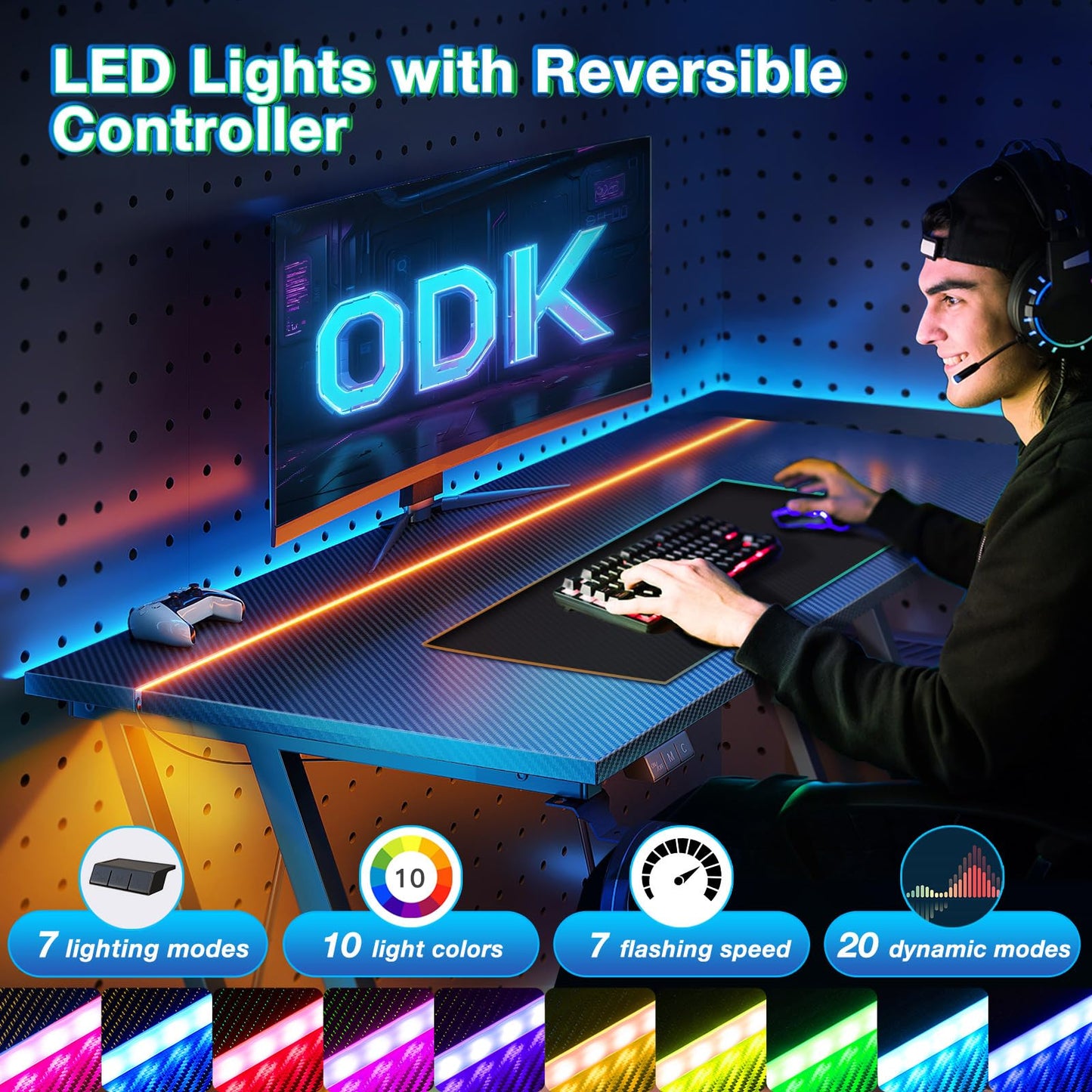 ODK Gaming Desk with LED Lights, Gaming Table with Cup Holder and Headphone Hook, Double Z Frame Design Computer Desk Carbon Fiber Black 80 cm