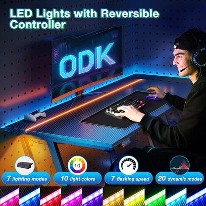 ODK Gaming Desk with LED Lights, Gaming Table with Cup Holder and Headphone Hook, Double Z Frame Design Computer Desk Carbon Fiber Black 80 cm