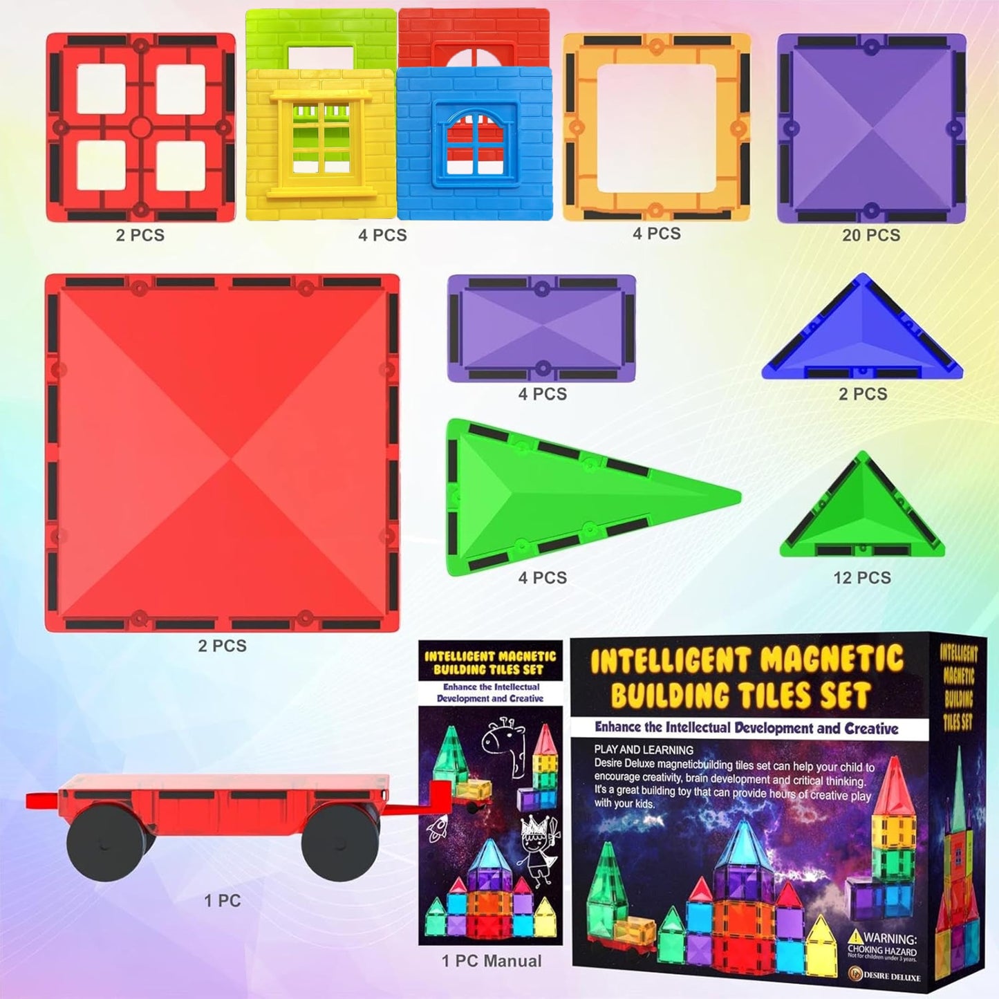 Desire Deluxe magnetic building blocks tiles STEM toy set with 57 colorful pieces for kids aged 3 to 7, educational construction toy.
