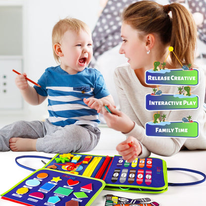 Lanjue Busy Board Sensory Toys for Babies, 22 in 1 Toddlers Activity Educational Learning Fine Motor Skills Preschool Montessori Toddler Travel 1+ Year Old Girls Boys (Dinosaur), Medium (LM-0756)