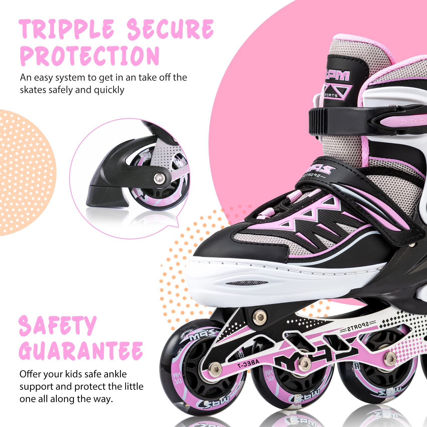 Pink 2pm Sports adjustable inline skates for kids, stylish beginner roller skates designed for boys and girls, small size.
