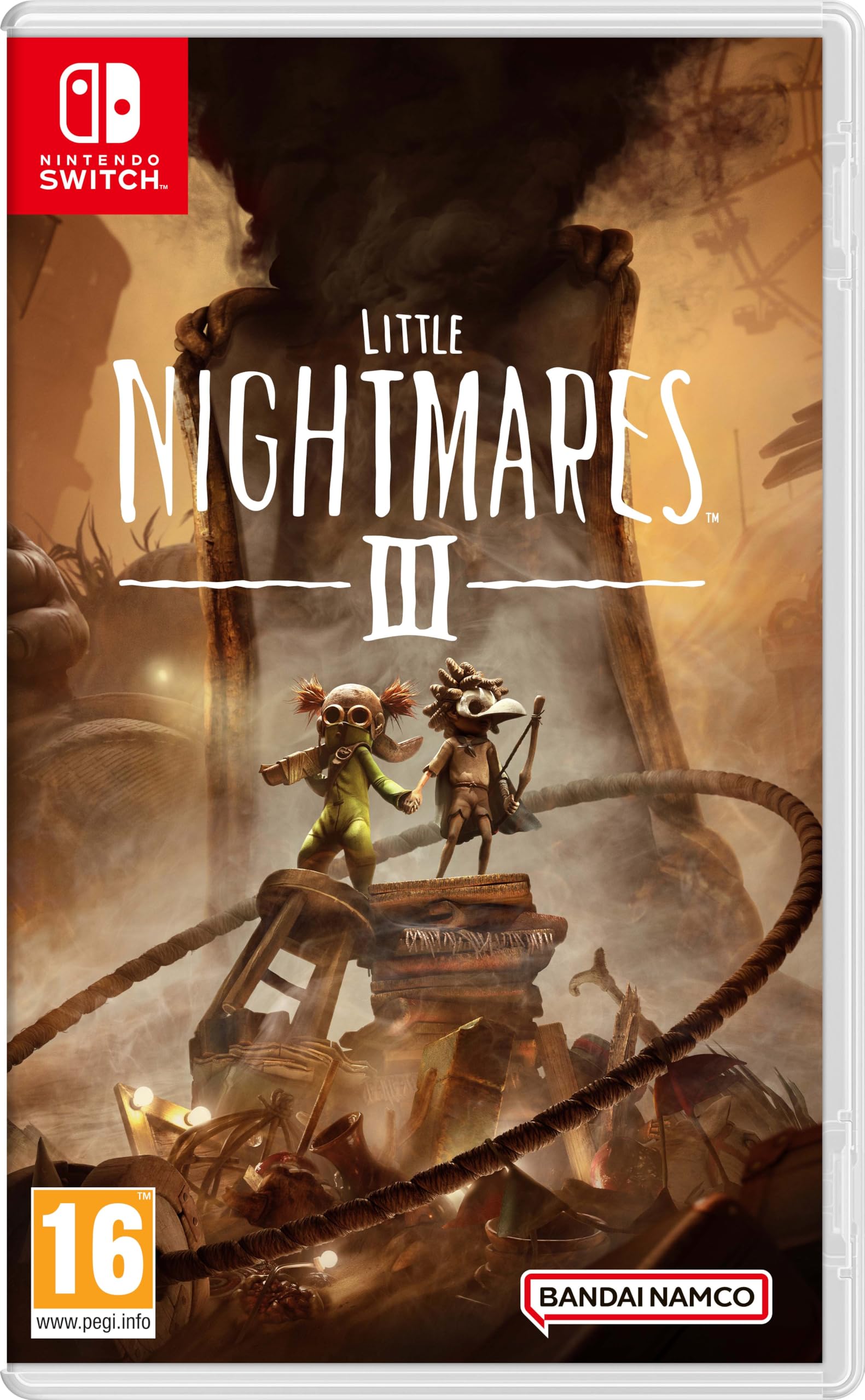 Little Nightmares III Nintendo Switch game case featuring dark, eerie artwork with the Bandai Namco logo.
