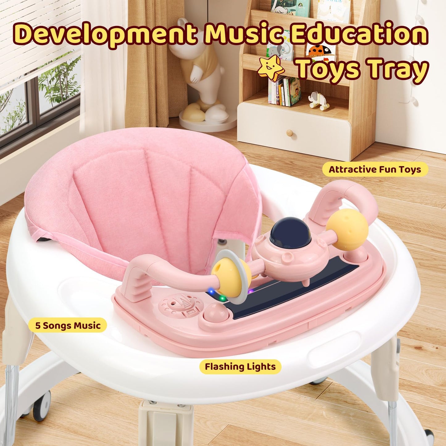 Pioncrey foldable baby walker in pink with music tray, light, 7 adjustable heights, anti-rollover design, suitable for all terrains.