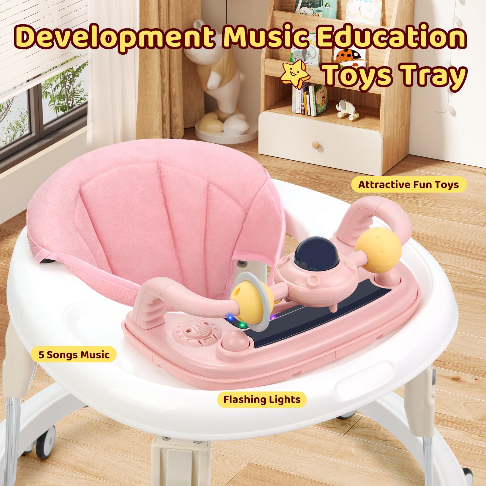 Pioncrey foldable baby walker in pink with music tray, light, 7 adjustable heights, anti-rollover design, suitable for all terrains.