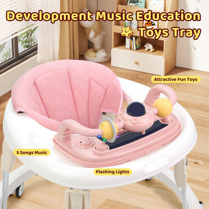 Pioncrey foldable baby walker in pink with music tray, light, 7 adjustable heights, anti-rollover design, suitable for all terrains.
