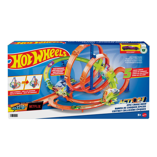 Hot Wheels -Track Set, Epic Crash Dash with 5 Crash Zones, Motorized Booster and 1 Hot Wheels 1:64 Scale Toy Car, Easy Storage, HTP55