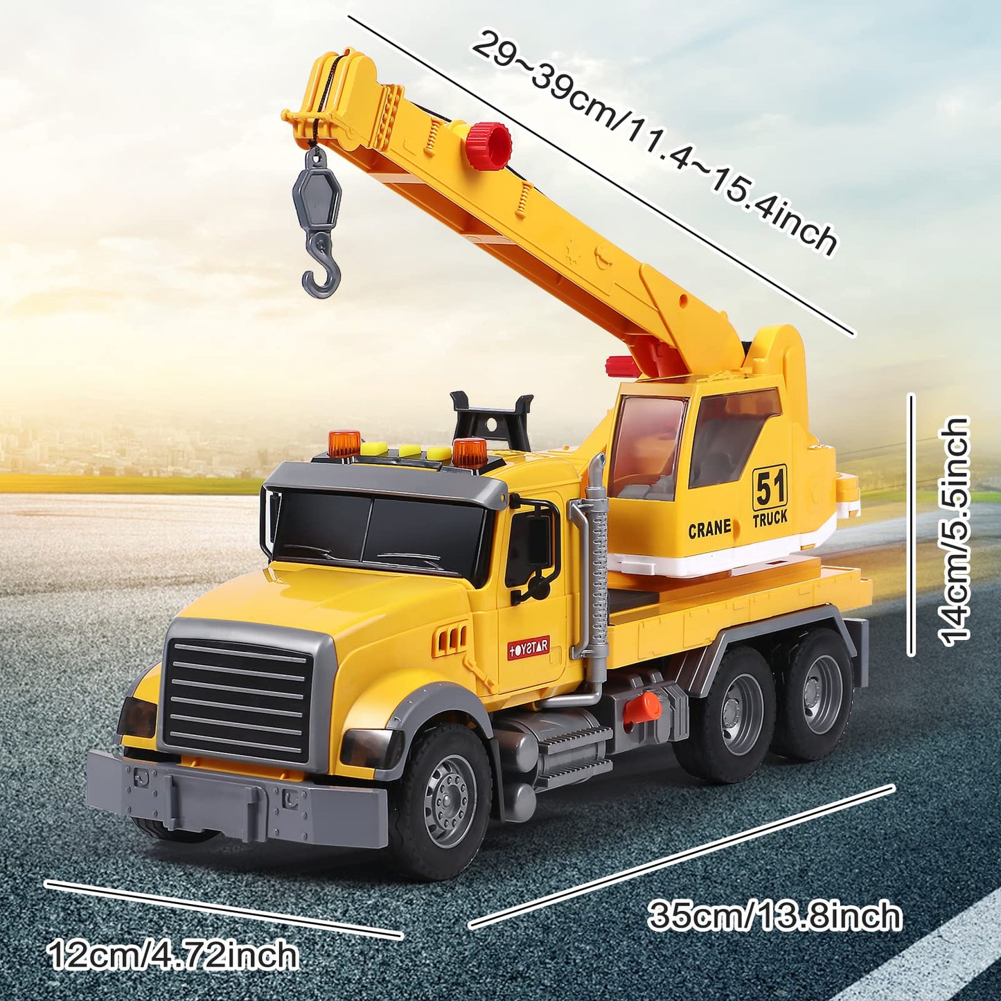 Tacobear Big Crane Truck Toys Gifts for Boys 3 4 5 6 7 8 Years 1/16 Scale Friction-Powered Vehicles Construction Wrecker Truck with Lights and Sounds Educational Boys Toy Gift for Kids Toddlers
