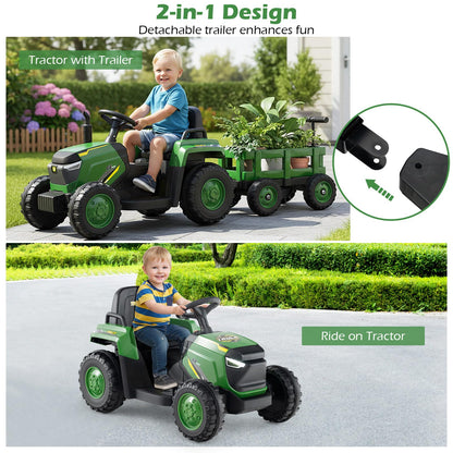 Maxmass Kids Ride on Tractor and Trailer, 12V Battery Powered Electric Construction Toy Car with Remote Control, USB, LED Headlights, Horn, Children Ride on Bulldozer for 3-8 Years Old (Dark Green)