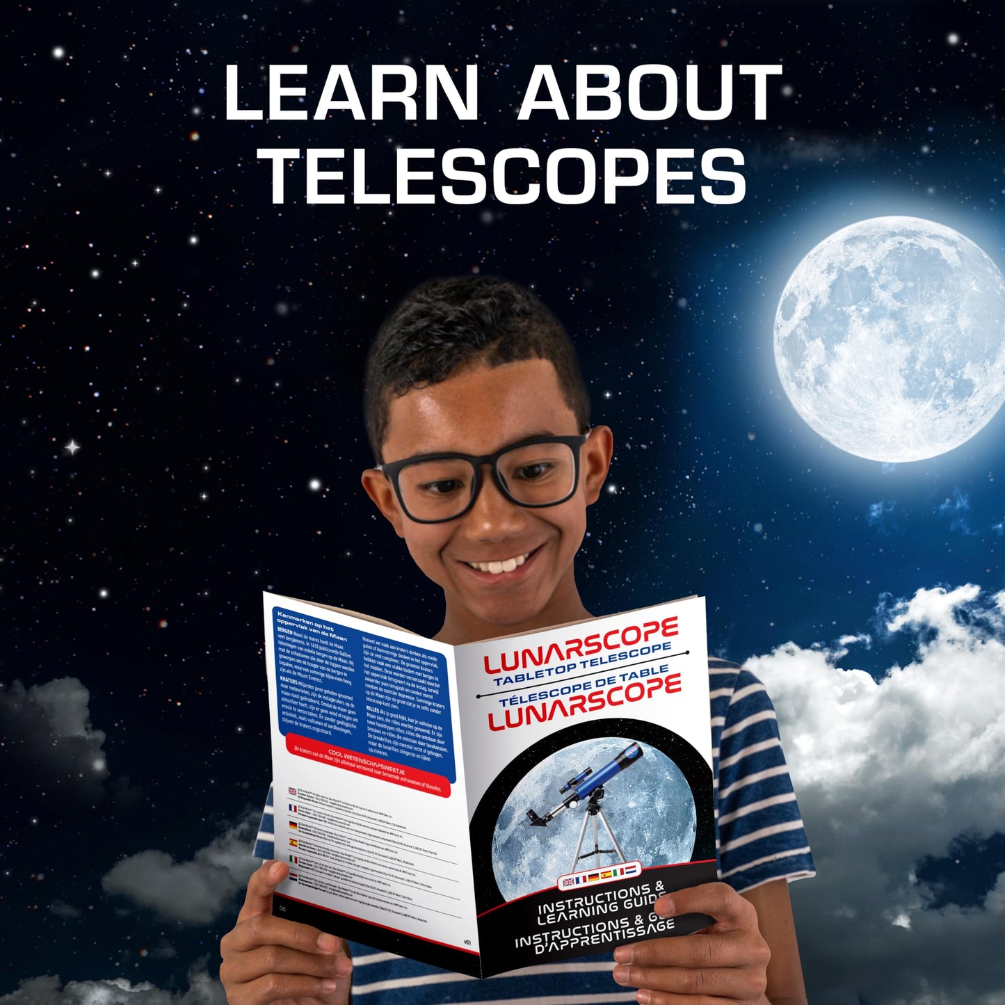 Blue Marble NASA Lunar Telescope for Kids with 90x magnification, two eyepieces, tabletop tripod, and finder scope for beginner astronomy.