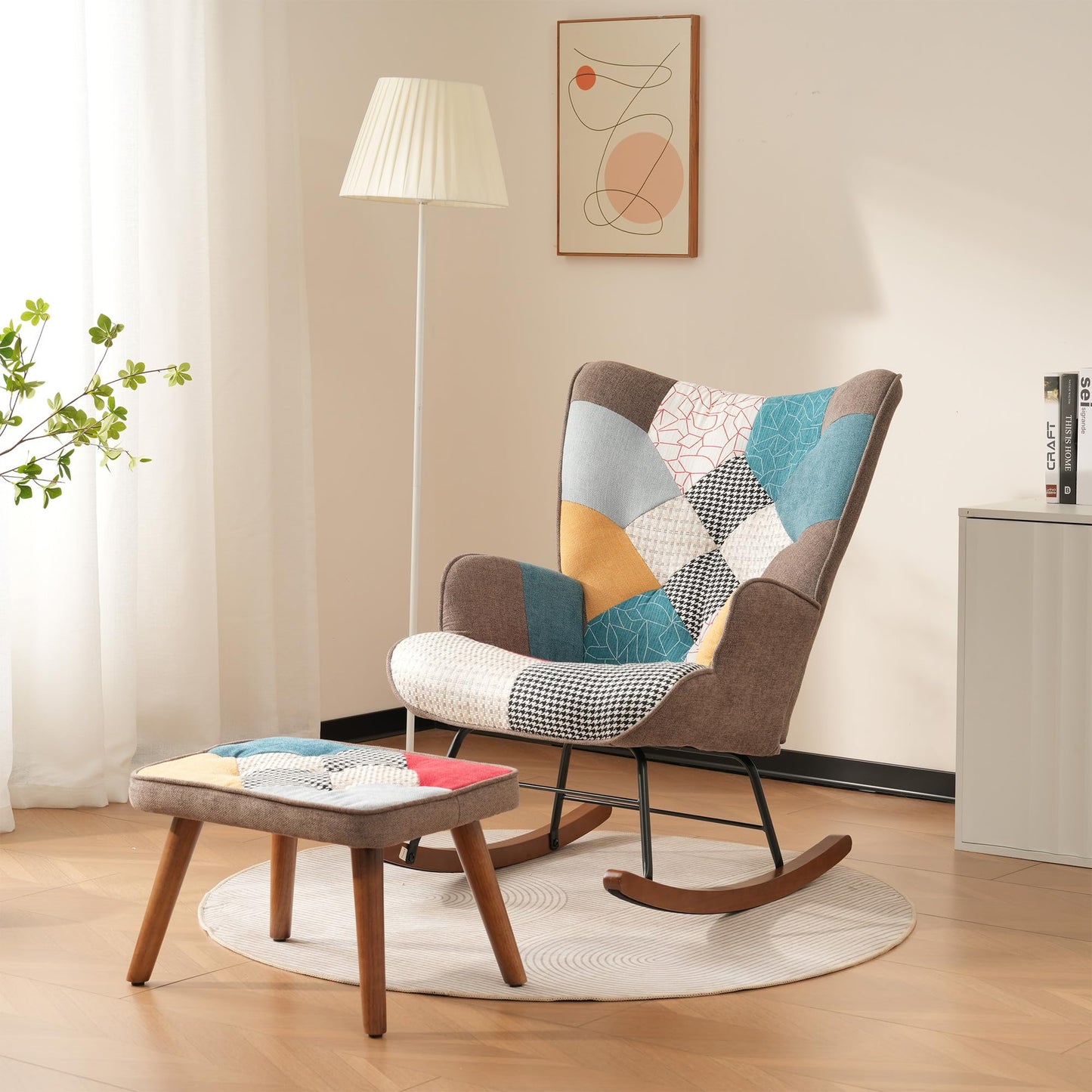 BTM Rocking Chair for Nursery, Rocking Chair with with Footstool, Iron and Walnut Feet, Single Recliner Lounge for Living Room Bedroom Office, Colorful