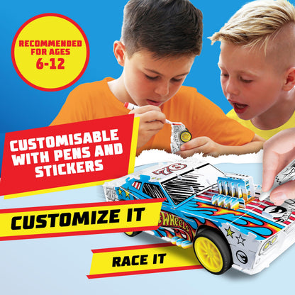 Hot Wheels by Bladez Toyz Make Your Own Car Art Set For Kids 6-12 with Markers - Hotwheels Racer Kit for Creative Play - Kids Colouring Sets and STEM Learning - Customizable & Eco-Friendly