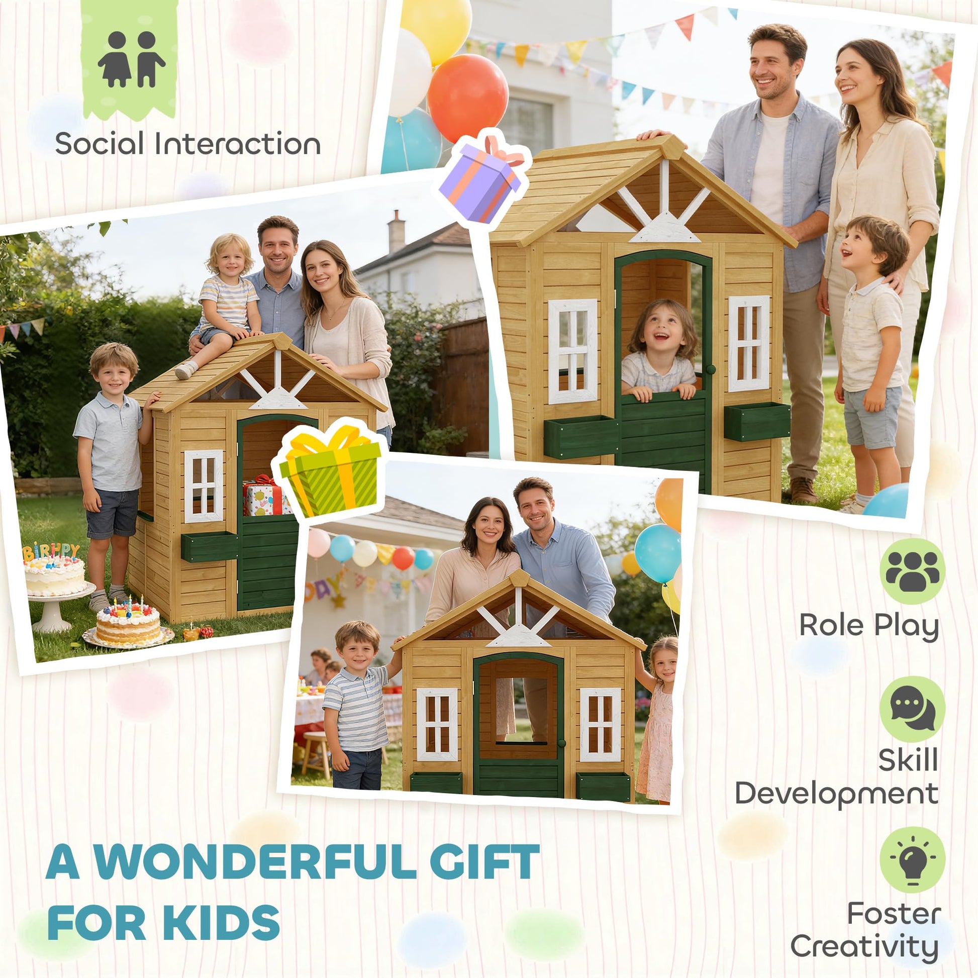 AIYAPLAY wooden playhouse for kids with a working door, three windows, and two flower boxes, suitable for outdoor and indoor imaginative play