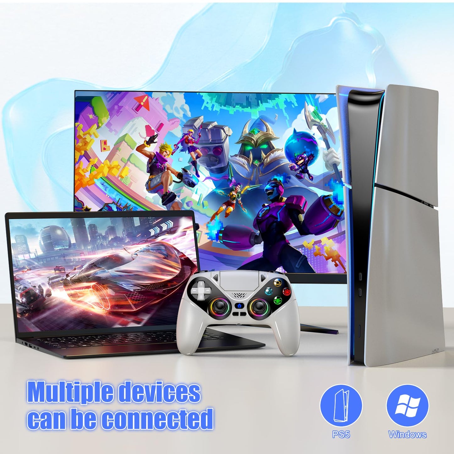 Gamrombo RGB Wireless Controller for PS5/Pro/Slim & PCs, Bluetooth Gamepad with Back Buttons, Touchpad, Macro, Turbo, Dual Vibration, 6-Axis Sensor, Speaker, 3.5mm Audio Jack, White