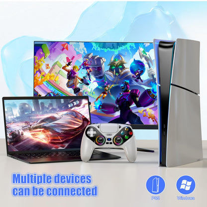 Gamrombo RGB Wireless Controller for PS5/Pro/Slim & PCs, Bluetooth Gamepad with Back Buttons, Touchpad, Macro, Turbo, Dual Vibration, 6-Axis Sensor, Speaker, 3.5mm Audio Jack, White