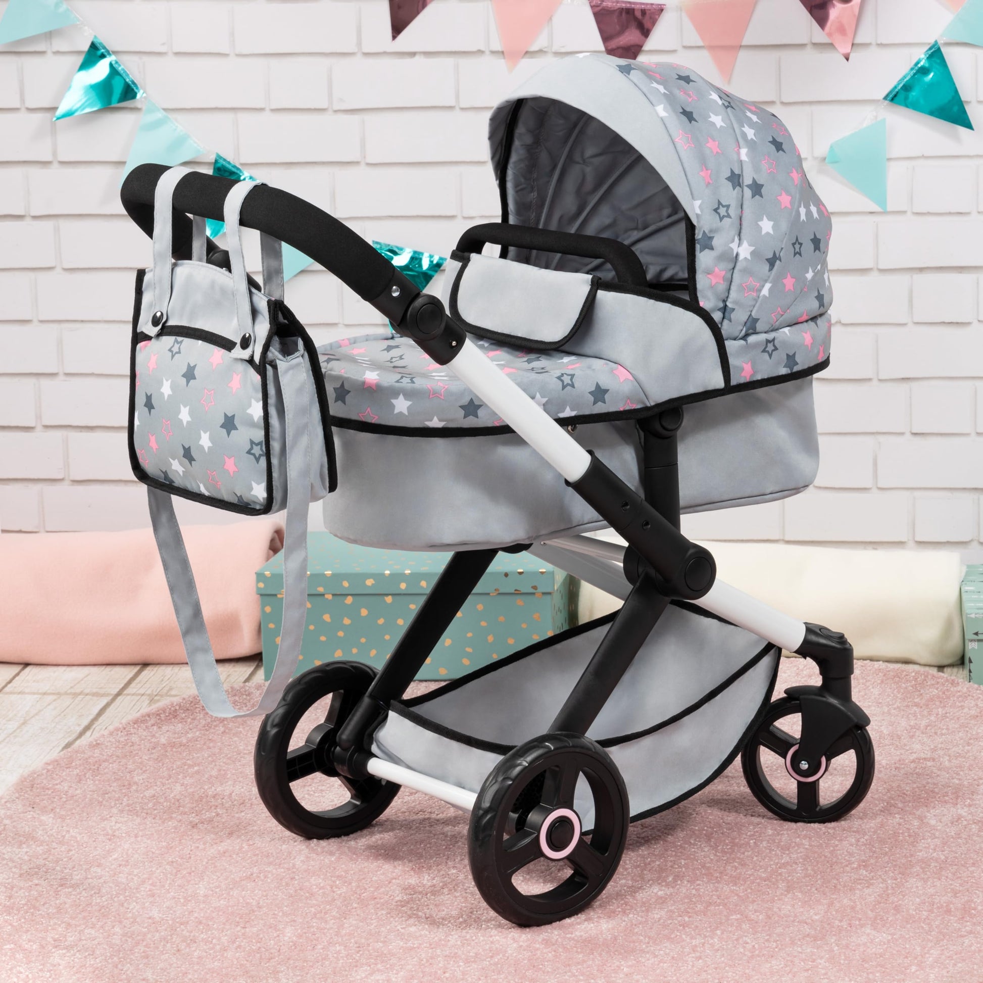 Bayer Baby Dolls Pram XEO in light grey with pink stars, convertible doll pushchair, carrycot, changing bag, adjustable handle for girls