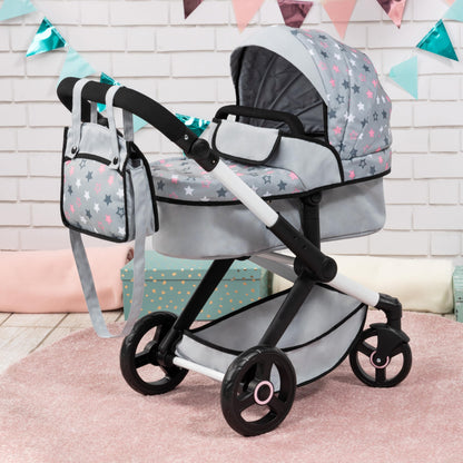 Bayer Baby Dolls Pram XEO in light grey with pink stars, convertible doll pushchair, carrycot, changing bag, adjustable handle for girls