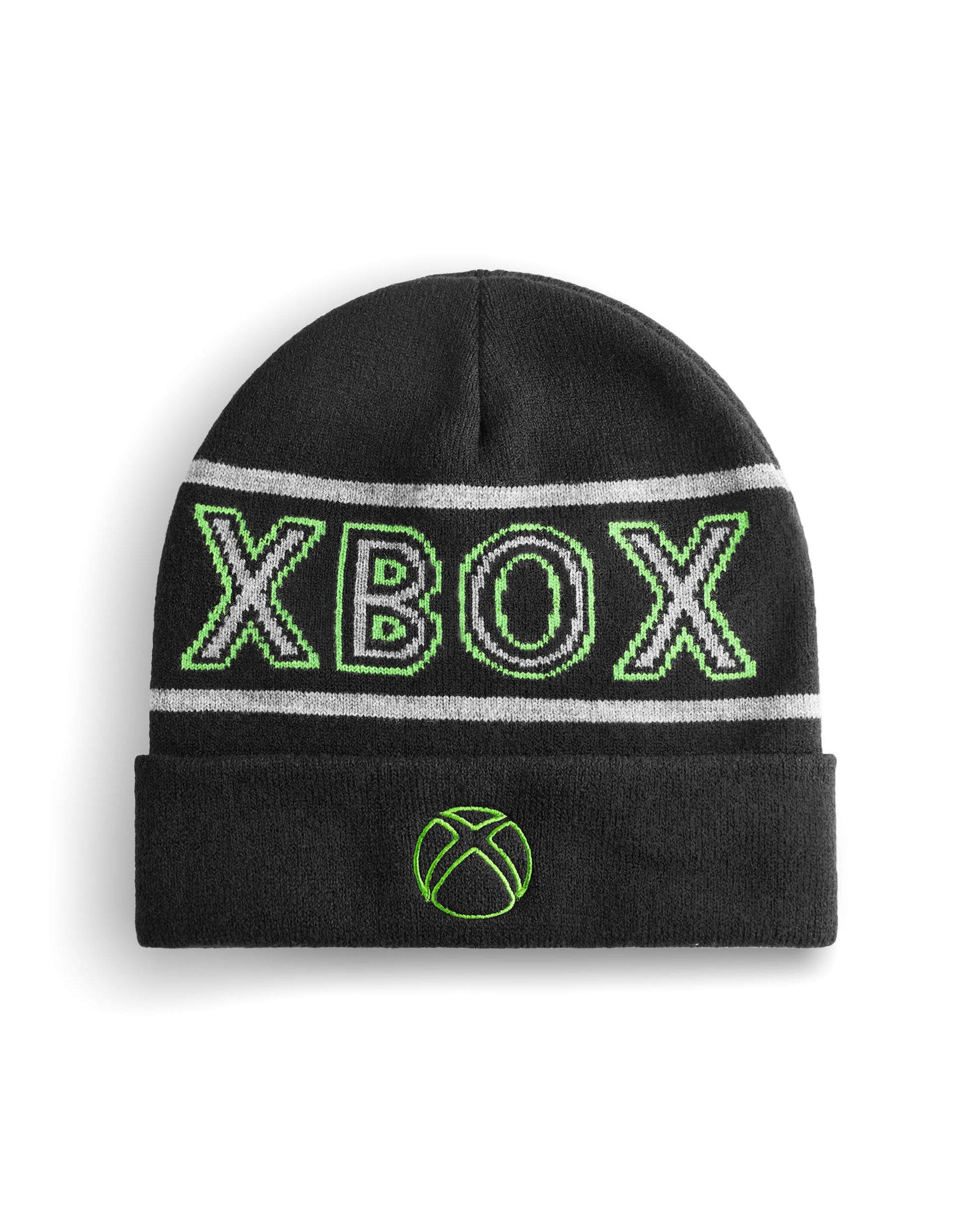 Black Xbox boys beanie hat with embroidered logo, knitted winter cuffed hat for kids, warm and comfortable for gamers.