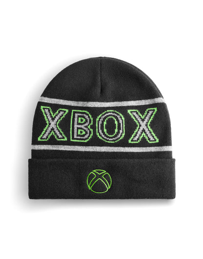 Black Xbox boys beanie hat with embroidered logo, knitted winter cuffed hat for kids, warm and comfortable for gamers.