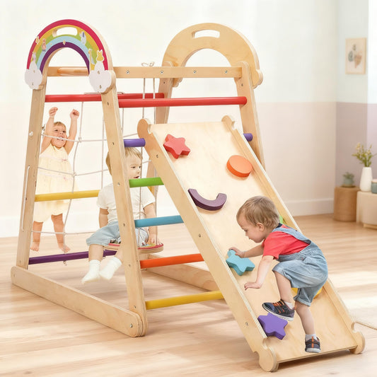 5-in-1 Wooden Climbing Frame, Adjustable Slide, Swing, Climbing Net and Monkey Bars,Montessori Indoor/Outdoor Jungle Gym for Toddlers