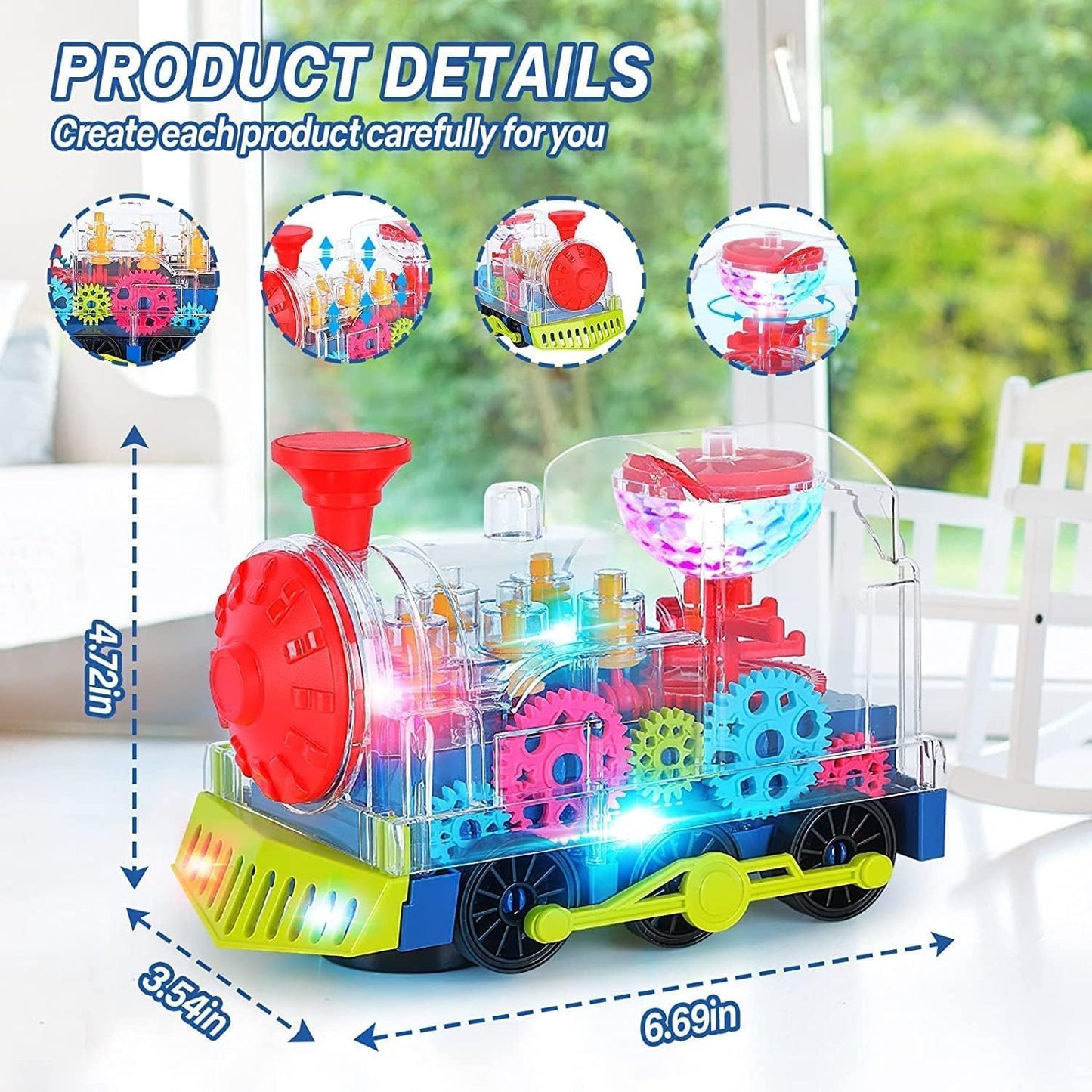SWTOIPIG Gear Train Toy Light Up Music Electric Train Toy Transparent Rotating Mechanical Gear for Kids Educational Cartoon with Flashing Light Sound Music Locomotive