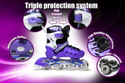 Scale Sports - Adjustuble Roller Skates with light up wheels for children and adults - Kids Inline Roller Skates (purple, UK 5-7 (EU 38-41) L)