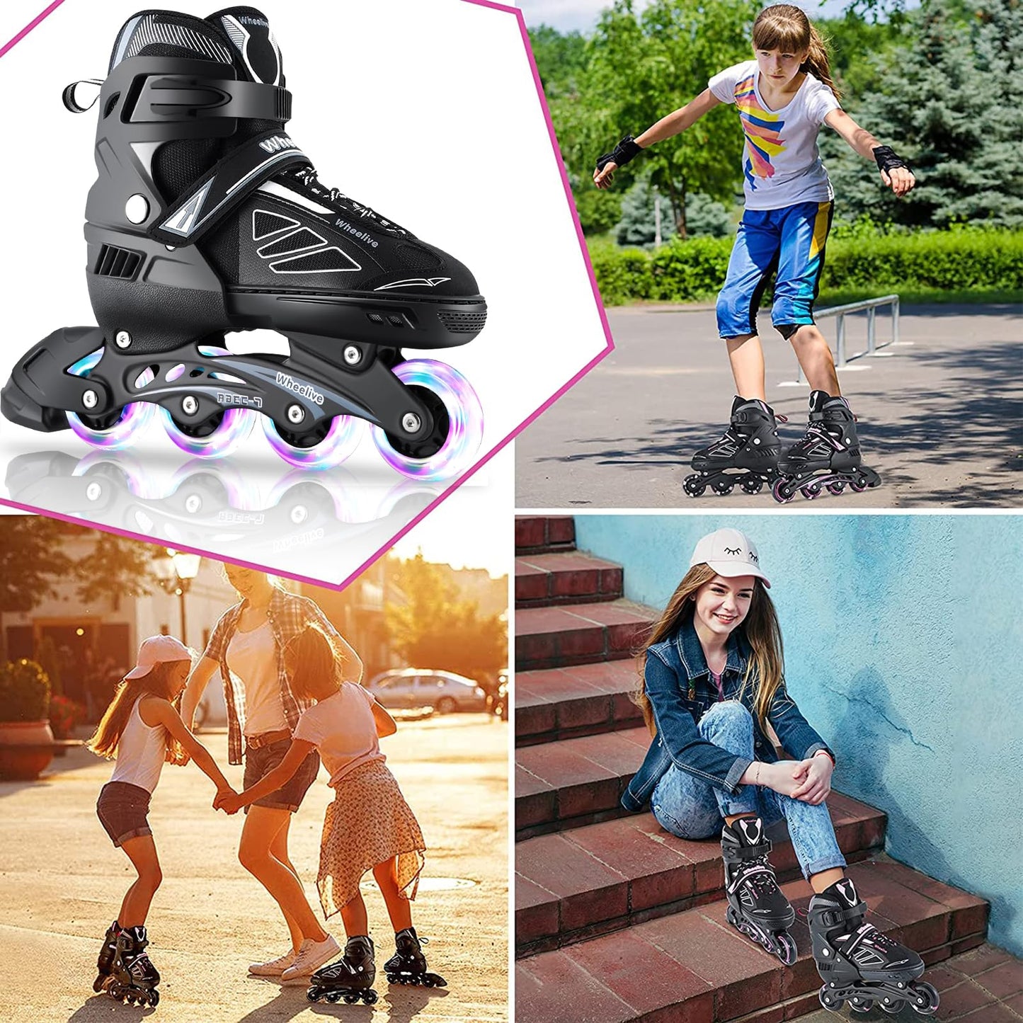 Wheelive Adjustable Inline Skates for Kids, Performance Roller Skates with Full Light Up Wheels Ideal for Boys, Girls, Beginners, Adults