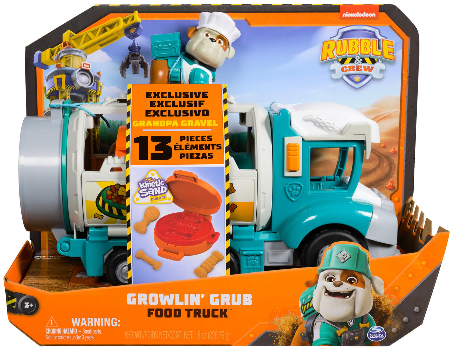 Rubble and Crew, Growlin’ Grub Food Truck Playset, Action Figure, Play Kitchen Accessories and Kinetic Build-It Play Sand, Kids’ Toys for Boys and Girls 3+