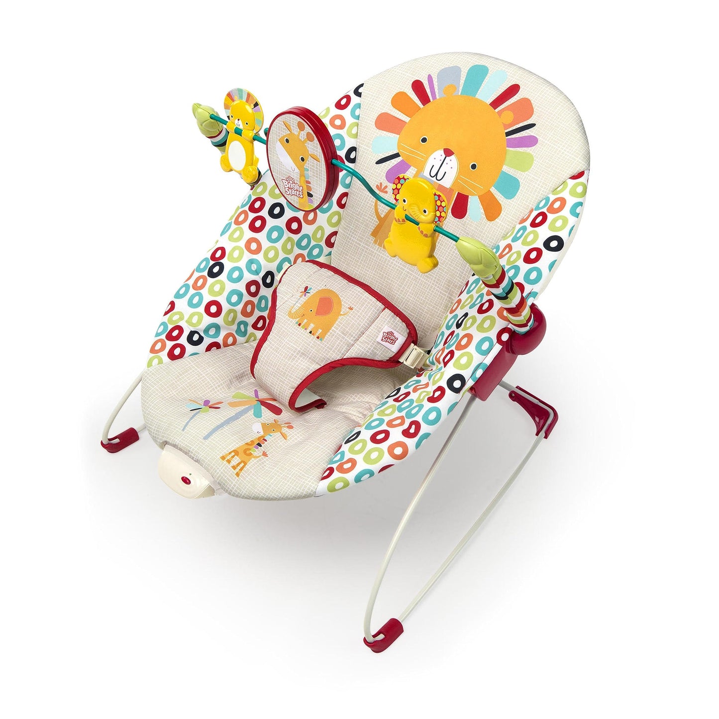 Bright Starts Playful Pinwheels Bouncer with colorful fabric, plush seat, and playful pinwheel toys for infants.