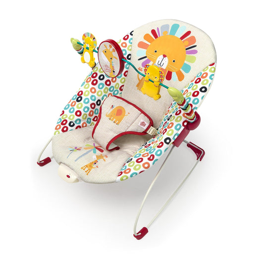 Bright Starts Playful Pinwheels Bouncer with colorful fabric, plush seat, and playful pinwheel toys for infants.