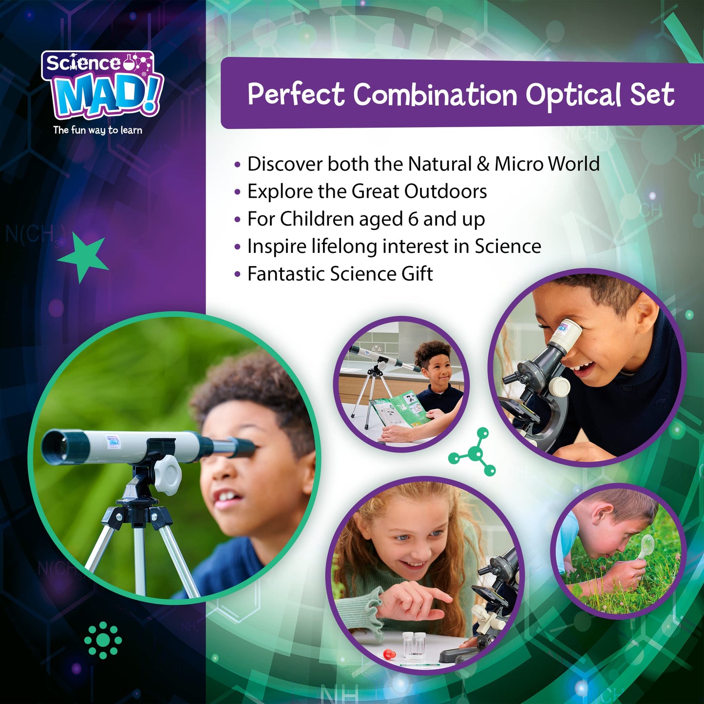 Science Mad microscope and telescope combo for kids, includes 15x telescope with tripod and 100x microscope for ages 6 and up.