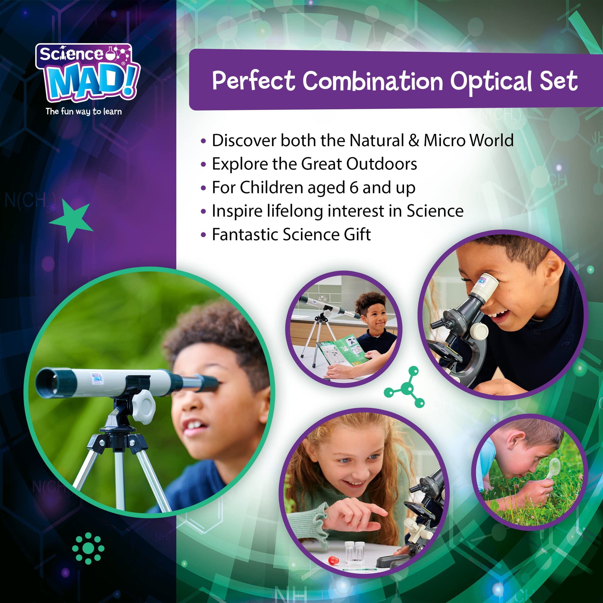 Science Mad microscope and telescope combo for kids, includes 15x telescope with tripod and 100x microscope for ages 6 and up.