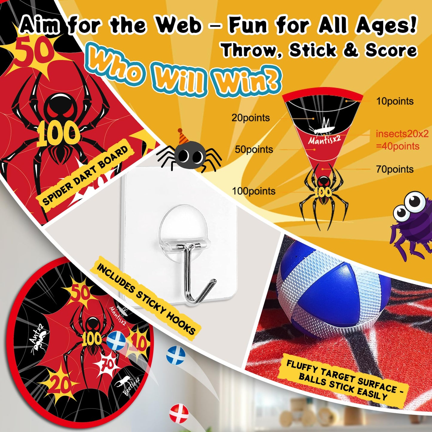 JOY SPOT! Spider Web Target Pop Pass Catch Ball Game - Outdoor Toys for Kids with 4 Launchers, 12 Sticky Balls & Mesh Bag, Fun Indoor Outdoor Toss & Catch Toy Gifts for Boys Girls Ages 3 4 5 6 7 8+