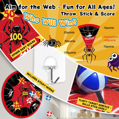 JOY SPOT! Spider Web Target Pop Pass Catch Ball Game - Outdoor Toys for Kids with 4 Launchers, 12 Sticky Balls & Mesh Bag, Fun Indoor Outdoor Toss & Catch Toy Gifts for Boys Girls Ages 3 4 5 6 7 8+