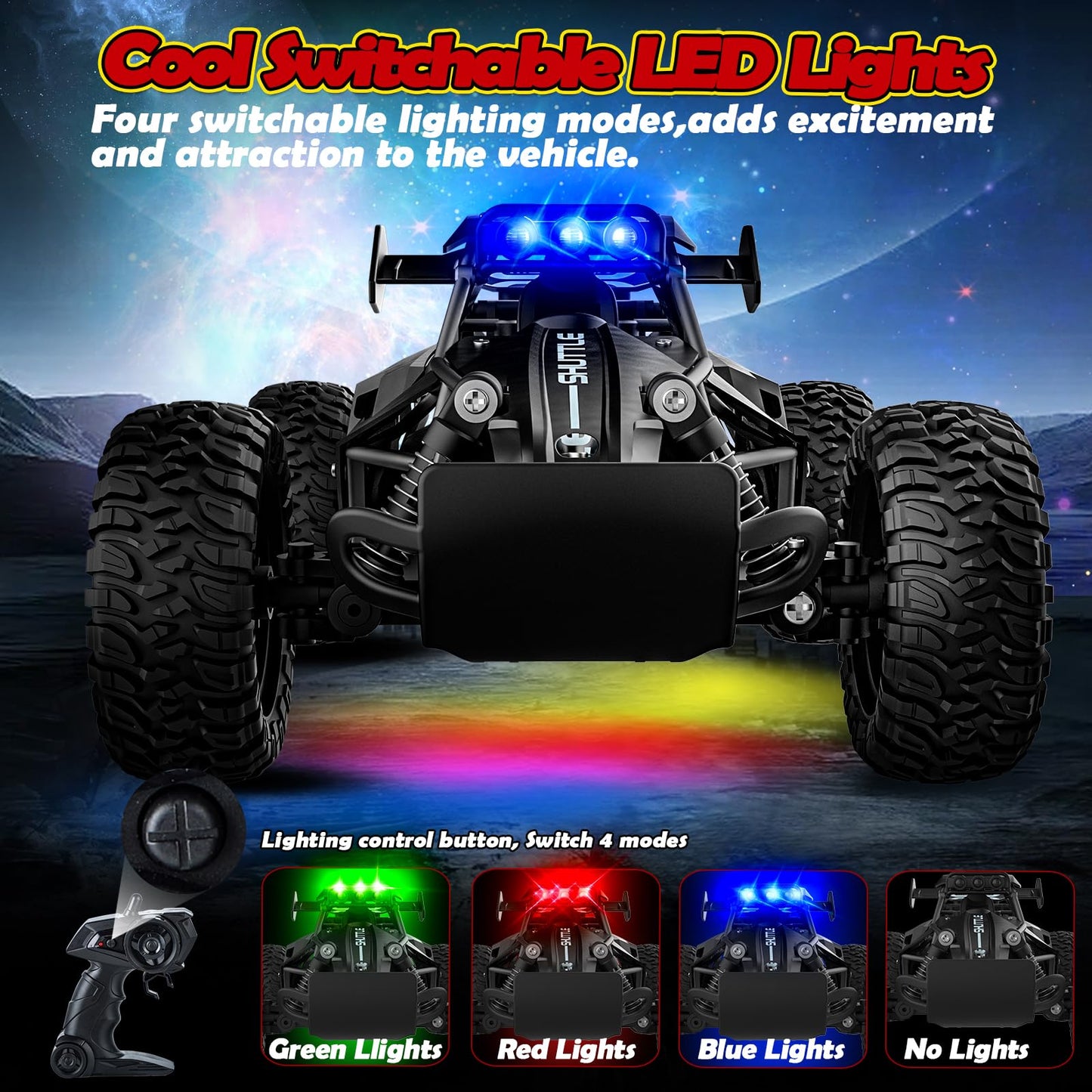 SZJJX Remote Control Car for Kids 3 4 5 6 7+, 20 KM/H High-Speed RC Cars with LED Lights, 2.4GHz 2WD Monster Truck Toys, Rechargeable RC Car, Toy Cars for Girls Boys, Christmas & Birthday Gifts–Black