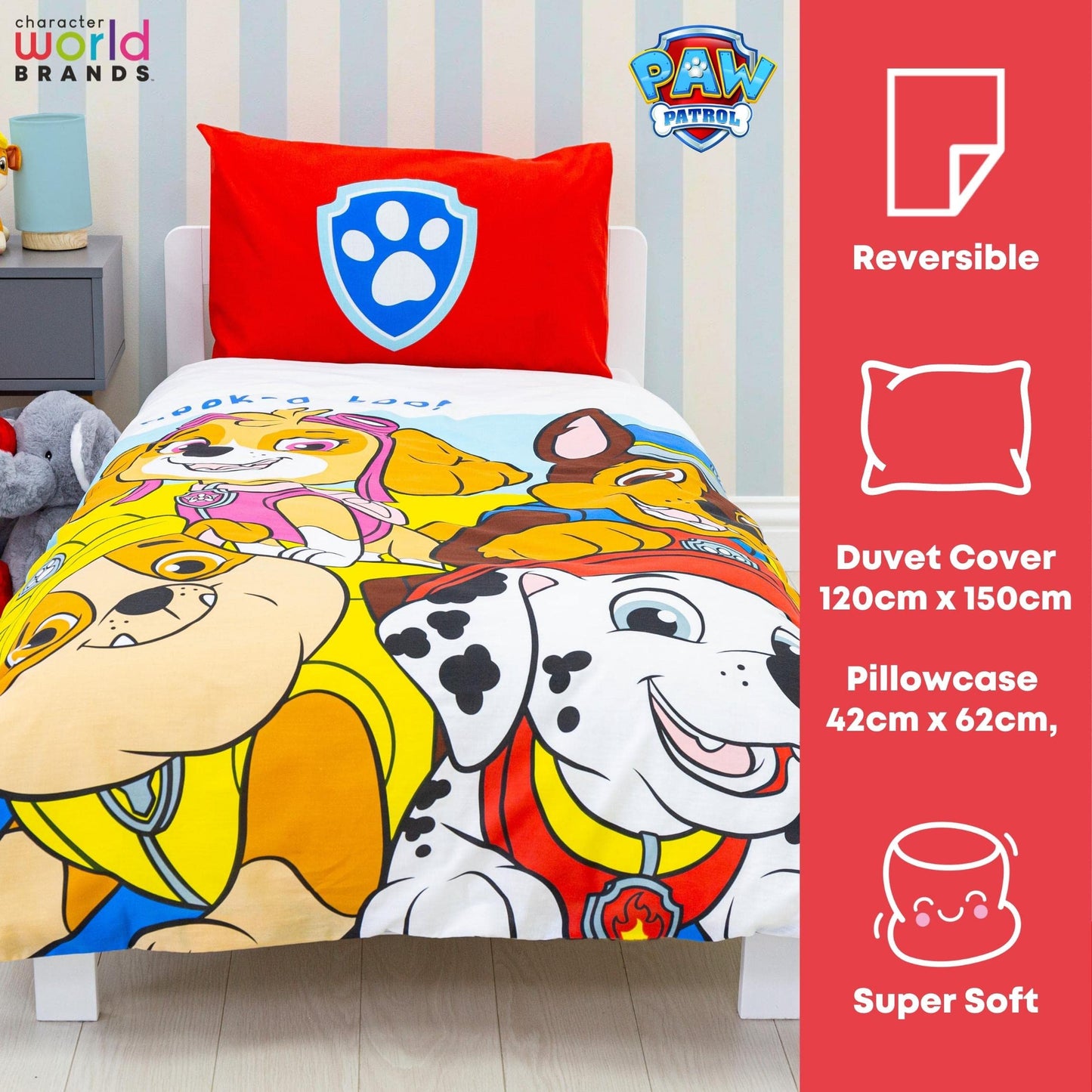 Paw Patrol Official Pupster Design Toddler Cot Bed Duvet Cover Set | Reversible 2 Sided Bedding Duvet Cover Including Matching Pillow Case, Polycotton, Junior