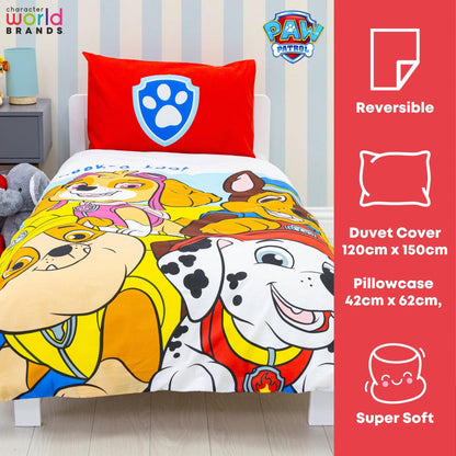 Paw Patrol Official Pupster Design Toddler Cot Bed Duvet Cover Set | Reversible 2 Sided Bedding Duvet Cover Including Matching Pillow Case, Polycotton, Junior