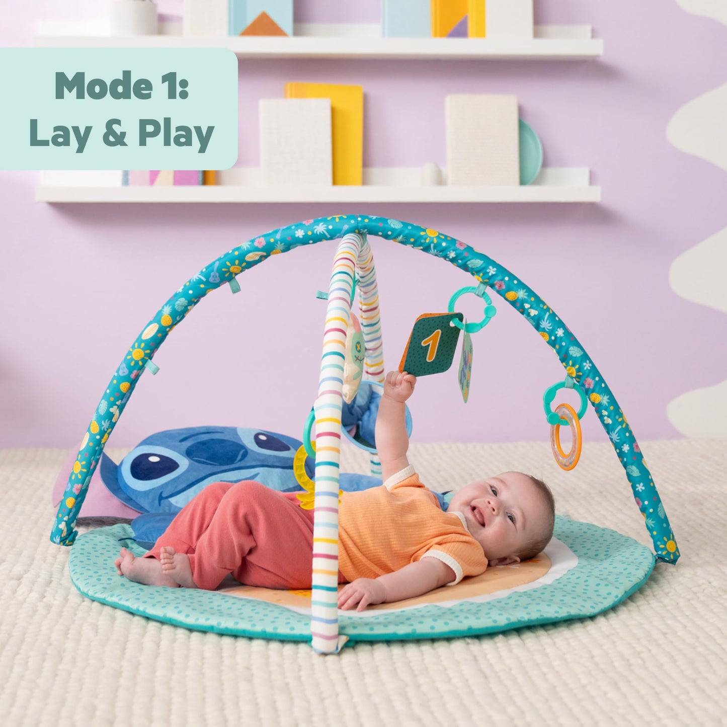 Bright Starts, Disney Baby Stitch Activity Gym, with Tummy Time Pillow, Baby Play Mat with Toy Bar, 5 Take Along Toys, for Newborns and Up