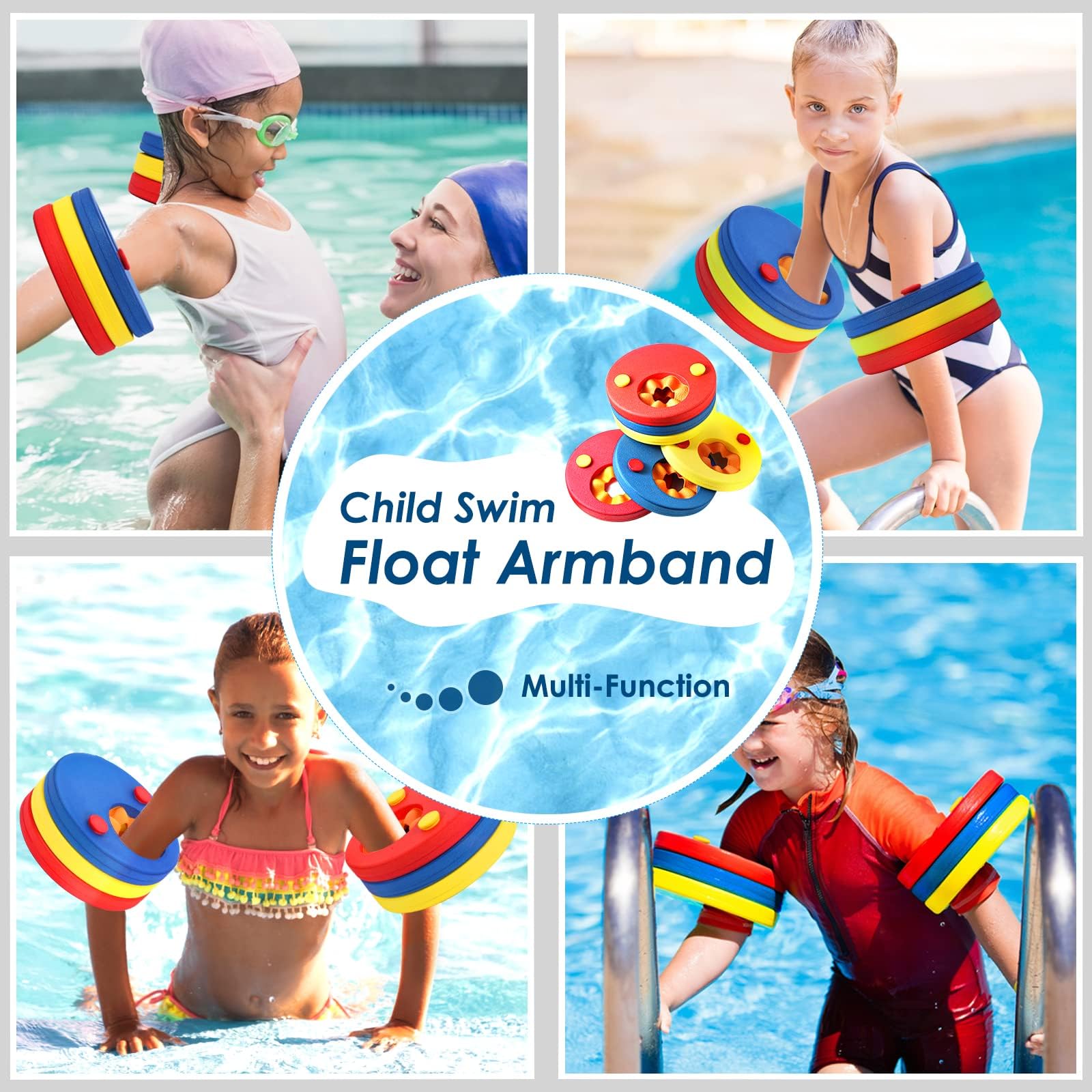 HOTENEAIRE swim float discs in vibrant colors, 6-piece set of EVA foam arm bands for kids' swimming support.